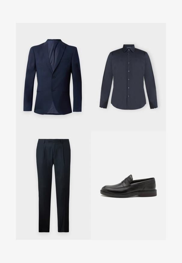 Blazer azul marino con solapa muesca, dos botones, bolsillos laterales y una textura suave con un diseño liso y sin patrones.; Camisa de vestir para hombre de manga larga en azul marino oscuro con botones, cuello puntiagudo y puños abotonados sobre un fondo gris claro.; Pantalones negros a medida, confeccionados en una tela suave, con un diseño de corte ajustado, dos pliegues frontales y una cinturilla plana sin hardware visible.; Mocasines de cuero negro con detalle de costura en la puntera, dos correas horizontales en la parte superior y un tacón de madera. Textura suave y forma redondeada.
