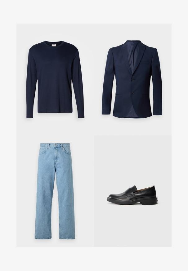 Navyblauer Blazer mit Reverskragen, zwei Knöpfen, seitlichen Taschen und einer glatten Textur ohne Muster.; Marineblaues Langarm-T-Shirt aus weicher Baumwolle. Mit Rundhalsausschnitt und kleinem Logo auf der Brust. Glatte Textur, klassische Passform.; Helleblaue Jeans aus Denim mit geradem Bein, fünf Taschen, Knopf- und Reißverschluss sowie einem leicht ausgeblichenen Finish.; Schwarze Leder-Pantoletten mit niedrigem Absatz und dezentem Calvin Klein-Logo an der Seite, im Profil vor einem weißen Hintergrund dargestellt.
