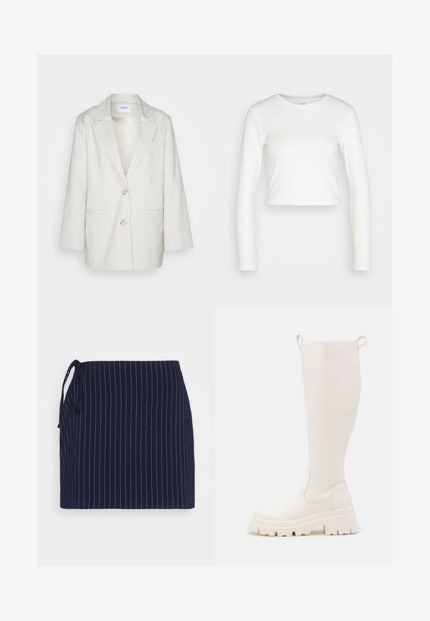 Envii Κοντό παλτό - oatmeal; GAP ULTRA CROP RIB TEE - Μπλούζα με μακριά μανίκια - new off white; Even&Odd by Zalando Μίνι φούστα - dark blue; Λευκά γύρω από το γόνατο λάστιχα μποτάκια με χοντρό πάτο και πλαϊνές ελαστικές επιφάνειες. Διαθέτουν ετικέτες στη κορυφή για ευκολότερη φόρμα. Απαλή υφή.
