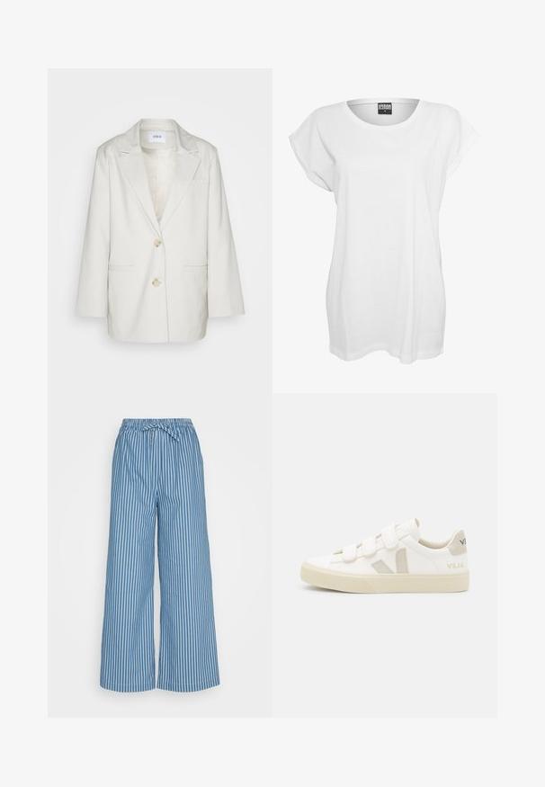 Envii Manteau court - oatmeal; T-shirt blanc à manches courtes en coton, présentant une coupe décontractée, un large décolleté et un design minimaliste sans motifs ni accents.; Pantalons larges à rayures bleues avec une taille élastique et un cordon de serrage. Le tissu est léger, arborant des rayures blanches verticales pour le contraste.; Baskets blanches avec des bandes Velcro, accents en daim beige, semelle en caoutchouc texturée et logo V gris. Design minimaliste, forme arrondie.