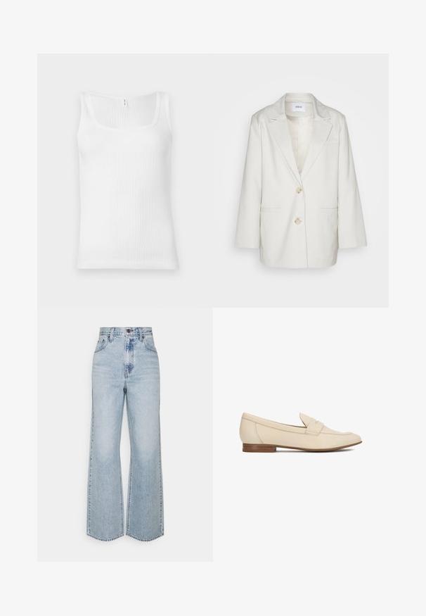 Envii Korte frakker - oatmeal; Hvid ribbet tanktop med rektangulær udskæring og brede skulderstropper. Stofmaterialet har en tekstureret, strækbar overflade.; Lysblå denim brede ben jeans med høj talje, klassisk fem-lomme design og kontrasterende syninger. Uslebne kanter i bunden.; Beige læder loafers med lav hæl, der har en dekorativ rem over vristen, rundet tå og glat finish.