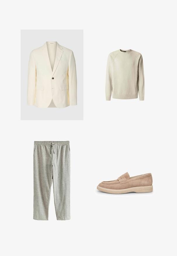 Blazer color crema con un solo botón, solapas con muesca, dos bolsillos delanteros con solapa y un bolsillo en el pecho, mostrado sobre un fondo liso.; Suéter de punto beige claro con cuello redondo, mangas largas tipo raglán y ribete acanalado. Tejido texturizado con sutiles variaciones de color.; Pantalones gris claro hasta el tobillo con cintura elástica, cordón ajustable, cierre con botón y bolsillos laterales, fabricados con tela texturizada.; Mocasín de ante beige claro con punta redondeada, tira decorativa en el empeine y suela de goma texturizada para mayor agarre.