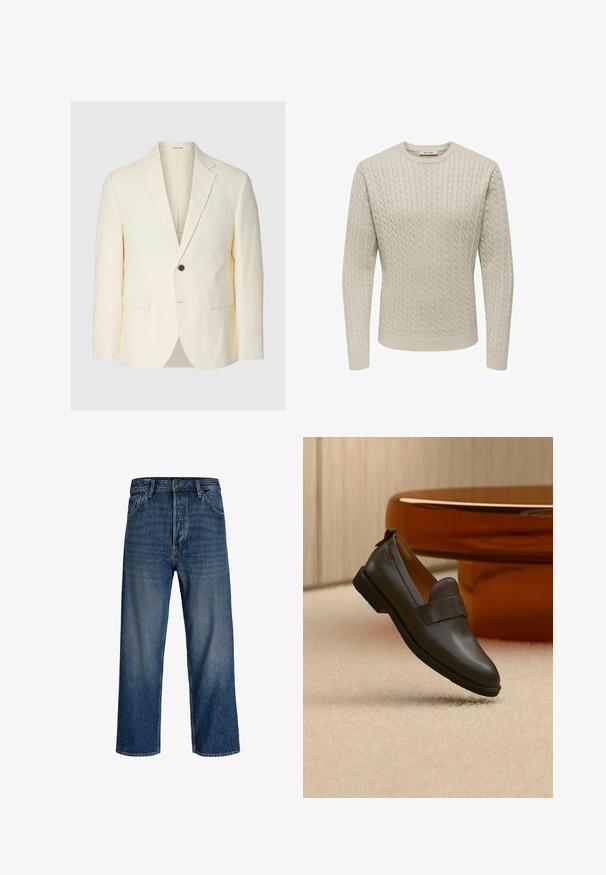 Kremfarvet enkelt-knaps blazer med notch revers, to frontklaplommer og en brystlomme med filt, vist mod en ensartet baggrund.; Beige kabelstrikket sweater med lange ærmer og ribbede manchetter og kant, rund hals, mærket "Only & Sons".; Denim jeans med lige ben-design, mørkeblå farve og subtil udvaskning. Har fem lommer og lukke med knap.; Mørkebrun læderloafer med lav hæl svævende over beige tæppe, ved siden af et blankt, afrundet bord i ravfarve.