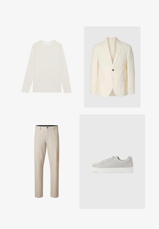 Kremfarvet enkelt-knaps blazer med notch revers, to frontklaplommer og en brystlomme med filt, vist mod en ensartet baggrund.; Creme langærmet t-shirt lavet af blødt strikket stof. Har en rund halsudskæring og en afslappet pasform uden synlige mønstre eller accenter.; Beige bukser med lige ben, bæltestropper og en brun knap i taljen, lynlås foran og uden synlige lommer.; Lysegrå ruskind lavtop sneaker med hvid gummisål og matchende grå snørebånd, vist fra siden mod en ensfarvet baggrund.