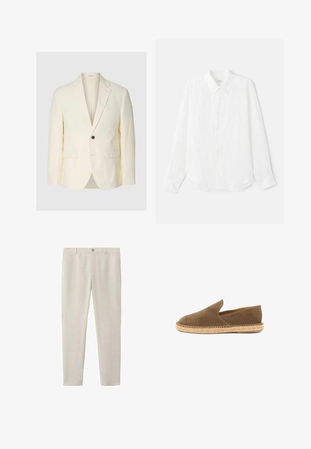 Blazer couleur crème à un bouton avec revers à encoches, deux poches à rabat à l'avant et une poche poitrine, présenté sur un fond uni.; Chemise blanche à manches longues en lin, avec un col classique, une fermeture à boutons sur le devant et une texture lisse. Ourlet légèrement arrondi.; Pantalon beige clair à jambes droites avec fermeture par bouton et passants de ceinture, doté de poches avant et arrière.; Espadrille marron en daim à enfiler avec semelle en jute tressée et côtés bas, conçue pour un usage décontracté.