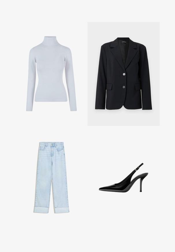 Sort skræddersyet blazer med hakket revers, to forreste knapper, lommer med klap og lange ærmer mod en ensfarvet lys baggrund.; Lys grå turtleneck sweater lavet af et blødt, ribbet stof. Har lange ærmer, en tætsiddende pasform og en høj, tætsiddende krave.; Lyseblå denimjeans med høj talje, vidde ben, oprullede manchetter og to forlommer. Stoffet har en let falmet tekstur.; Sort laklæder slingback højhælet sko med spids tå og justerbar rem med spænde på hvid baggrund.