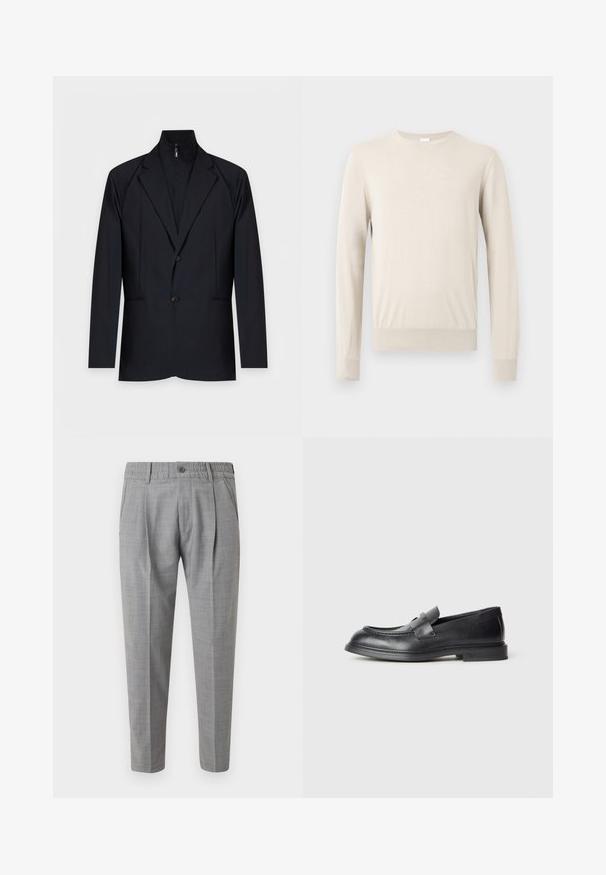 Veste noire pour homme avec revers en encoche, deux boutons et une couche intérieure intégrée zippée avec un col montant.; Pull beige à manches longues avec encolure ronde, poignets et ourlet côtelés, présenté sur un fond clair uni.; Pantalon gris clair sur mesure avec ceinture élastique, fermeture par bouton, poches latérales et plis sur le devant, présenté sur un fond uni.; Mocassins en cuir noir avec une finition texturée, dotés d'une bride décorative à l'avant et d'un bout arrondi. Semelle en caoutchouc pour plus de durabilité.