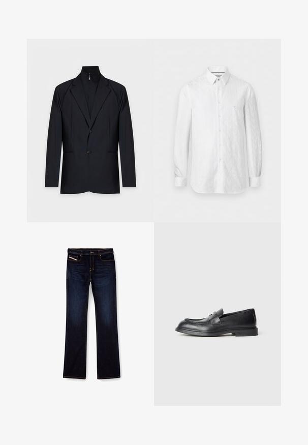 Schwarzer Herrenblazer mit Spitzenrevers, zwei Knöpfen und einer integrierten Reißverschluss-Innenschicht mit hohem Kragen.; Weißes, langärmliges Hemd mit Knopfleiste, dezentem Chevron-Muster und kleinem, auf der linken Brust aufgesticktem Logo.; Dunkelblaue Jeans aus Denim mit geradem Bein, ausgestattet mit orangefarbenen Nähten, einem Reißverschluss und Vordertaschen. Glatte Textur und Standardbund.; Schwarze Lederloafer mit strukturierter Oberfläche, versehen mit einem dekorativen Frontriemen und einer abgerundeten Spitze. Gummisohle für Langlebigkeit.