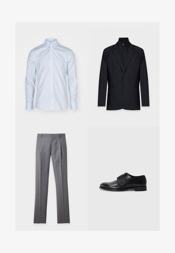 Schwarzer Herrenblazer mit Spitzenrevers, zwei Knöpfen und einer integrierten Reißverschluss-Innenschicht mit hohem Kragen.; Himmelblaues Langarmhemd mit klassischem Kragen, durchgehender Knopfleiste und kontrastierenden Knöpfen; aus glattem Stoff mit frischer Oberflächenstruktur gefertigt.; Grau maßgeschneiderte Anzughose mit Gürtelschlaufen, vorderen Falten und einem Frontreißverschluss, flach auf hellem Hintergrund präsentiert.; Schwarze Lederschuhe mit runder Zehenpartie, Schnürdesign, glatter Textur und einer flachen Gummisohle. Minimale Nähte.