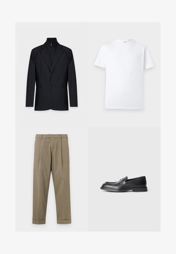 Veste noire pour homme avec revers en encoche, deux boutons et une couche intérieure intégrée zippée avec un col montant.; T-shirt blanc uni à manches courtes et col rond, avec une petite étiquette intérieure au niveau de l'encolure, présenté sur un fond neutre.; Pantalon kaki avec plis, en mélange de coton lisse, présentant une coupe droite et des revers roulés à l'ourlet.; Mocassins en cuir noir avec une finition texturée, dotés d'une bride décorative à l'avant et d'un bout arrondi. Semelle en caoutchouc pour plus de durabilité.