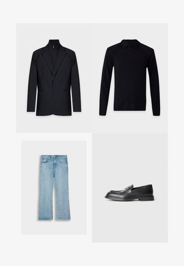 Zwarte herenblazer met notch-revers, twee knopen en een ingebouwde binnenlaag met rits en hoge kraag.; Zwarte polo met lange mouwen, kraag en vier zwarte knopen op de voorzijde, op een effen lichte achtergrond.; lichtblauwe denim jeans met een rechte pijp, met vijf zakken, een knoopsluiting en stiksels langs de naden.; Zwarte leren loafers met een gestructureerde afwerking, voorzien van een decoratieve voorstrik en een afgeronde neus. Rubberzool voor duurzaamheid.