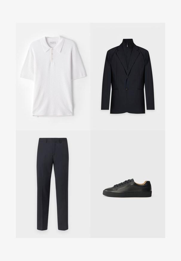 Zwarte herenblazer met notch-revers, twee knopen en een ingebouwde binnenlaag met rits en hoge kraag.; Witte polo shirt met een geweven ribstof, een kraag en drie kleine knopen aan de voorkant. Korte mouwen en een rechte zoom.; Op maat gemaakte zwarte broek van gladde stof. Rechte pijpen met plooien, riemlussen en geen zichtbare zakken. Strakke afwerking.; Zwarte lage leren sneaker met gestructureerd oppervlak, zwarte veters en dikke rubberen zool, zijaanzicht op een lichte achtergrond.