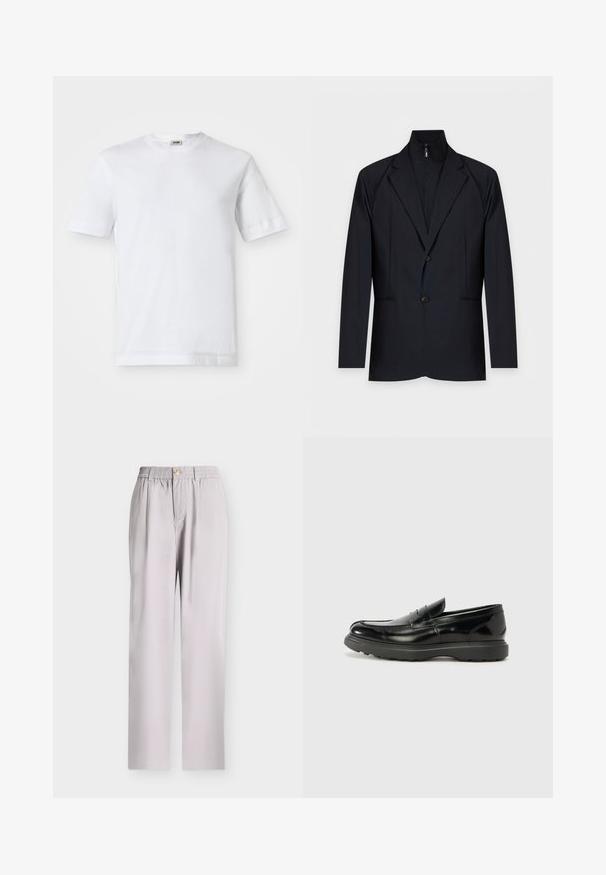 Veste noire pour homme avec revers en encoche, deux boutons et une couche intérieure intégrée zippée avec un col montant.; T-shirt en coton blanc à manches courtes, col rond et texture lisse. Aucun motif ni accent visible.; Pantalon gris clair à jambes droites, taille élastique, fermeture bouton et plis sur le devant, présenté sur un fond uni.; Mocassin en cuir noir avec une finition brillante, bout arrondi, détails de couture subtils et semelle en caoutchouc épaisse pour la durabilité.