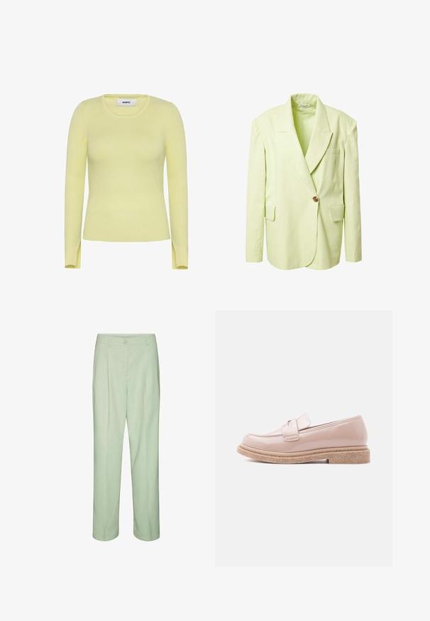 Blazer vert clair au design structuré, avec des revers crantés, un bouton en bronze unique et deux poches avant. Tissu texturé.; Pull en maille côtelée à manches longues de couleur jaune pâle, avec un col rond et des fentes sur les côtés à l'ourlet. Fabriqué en tissu extensible et texturé.; Pantalons vert menthe clair à coupe droite, dotés d'une fermeture à bouton et de plis soignés, fabriqués en tissu lisse et léger.; Mocassin rose pâle brillant avec une semelle texturée beige et une bride assortie sur le dessus, présenté en profil latéral sur un fond clair.