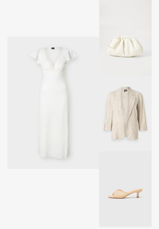 Lyse beige åben-front blazer med hakkede revers, trekvartærmer med knapstropper og to forlommer.; Hvid maxikjole med korte ærmer, dyb V-udskæring, figursyet empire-talje, delikat blonderkant og blødt, flydende stof.; Beige åbne tå hæle mules med en glat mat finish, prydet med dekorative klare rhinsten arrangeret i et mønster på overdelen.; Hvid læderhåndtaske med en samlede design, forsynet med en guldkæde-strop og en rund form. Glat tekstur med bløde folder og ingen mønstre.