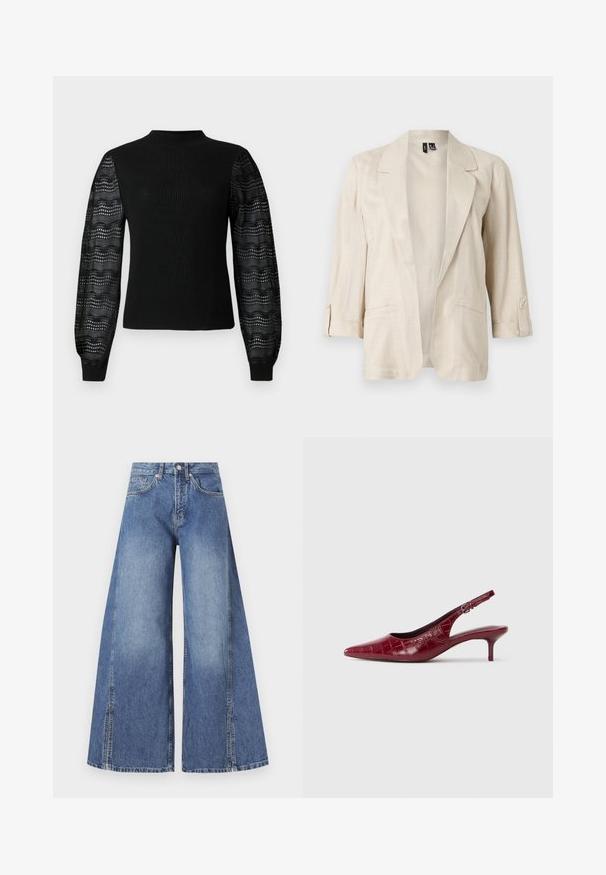 Blazer beige clair ouvert sur le devant, avec des revers en pointe, des manches trois-quarts à pattes boutonnées, et deux poches avant.; Pull noir avec une texture côtelée et un col haut, doté de manches en dentelle transparente à motif et de poignets ajustés.; Jean en denim à jambes larges de couleur bleu clair. Fabriqué en coton texturé, avec une taille haute, des poches avant et des coutures latérales distinctes.; Escarpin à talon kitten en cuir bourgogne avec texture crocodile, bout pointu, bride ajustable et talon bas sur fond blanc.