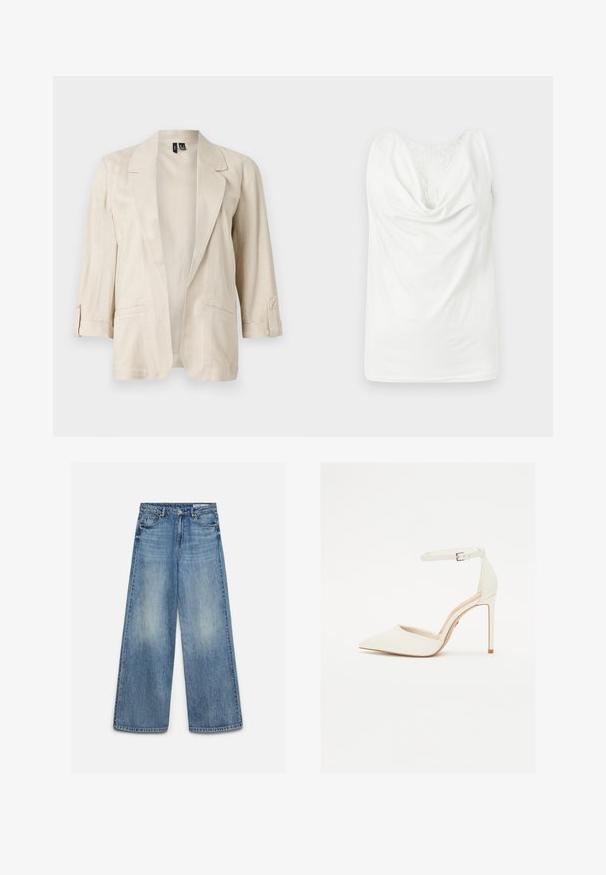Blazer beige clair ouvert sur le devant, avec des revers en pointe, des manches trois-quarts à pattes boutonnées, et deux poches avant.; Blouse blanche sans manches avec col bénitier et panneau en dentelle sur le haut de la poitrine, présentée à plat sur un fond clair.; Jean en denim bleu à jambes larges avec un effet délavé à l'avant, bouton avant, fermeture éclair et poches avant avec passants de ceinture.; Chaussure à talons hauts blanche en cuir avec un bout pointu et une fine bride de cheville. Dotée d'un talon aiguille et d'un design minimaliste.
