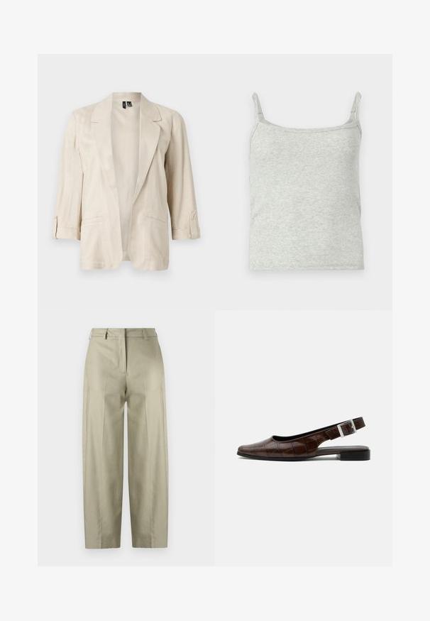 Lyse beige åben-front blazer med hakkede revers, trekvartærmer med knapstropper og to forlommer.; Grå ribbet tanktop med tynde stropper og et tætsiddende design, som har en blød tekstur og en lige kant for en klassisk silhuet.; Beige brede bukser lavet af glat stof. Har folder, lynlås og bæltesløjfer. Lige snit fra talje til kant.; Mørkebrun læderslingback flad sko med firkantet tå, krokodille tekstur og sølvspænde på remmen.