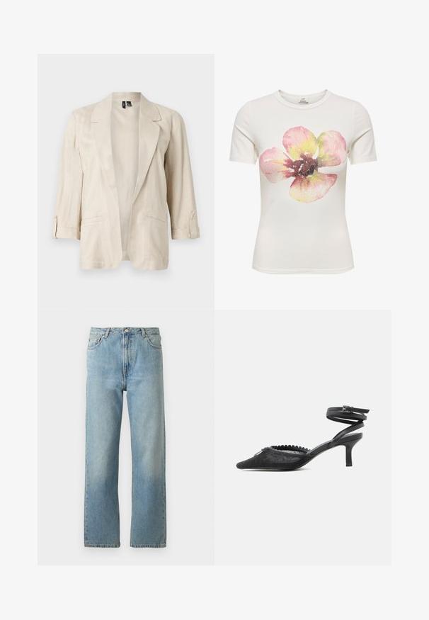 Hellbeiger Blazer mit offenem Vorderteil, gekerbtem Revers, dreiviertel Ärmeln mit Knopfmanschetten und zwei Vordertaschen.; Weißes T-Shirt mit kurzen Ärmeln und einer großen, aquarellartigen Blume in Rosa-, Gelb- und Brauntönen, mittig auf der Vorderseite.; Hellblaue Denim-Jeans mit geradem Bein, ausgestattet mit einem Fünf-Taschen-Stil und einem Knopfverschluss am Bund.; Schwarzer spitzer Kitten-Heel mit Spitze, gewelltem Rand und umwickelndem Knöchelriemen mit Schnallenverschluss.