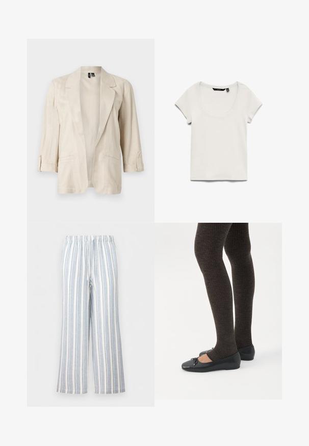 Blazer beige clair ouvert sur le devant, avec des revers en pointe, des manches trois-quarts à pattes boutonnées, et deux poches avant.; Haut blanc en maille côtelée à manches courtes avec encolure arrondie, étiquette de marque noire visible à l'intérieur du col, posé à plat sur fond blanc.; Pantalon ample à rayures verticales bleues et blanches, taille élastique et cordon de serrage.; Jambes portant des leggings côtelés foncés associés à des ballerines noires avec de petits détails en nœud sur fond blanc.