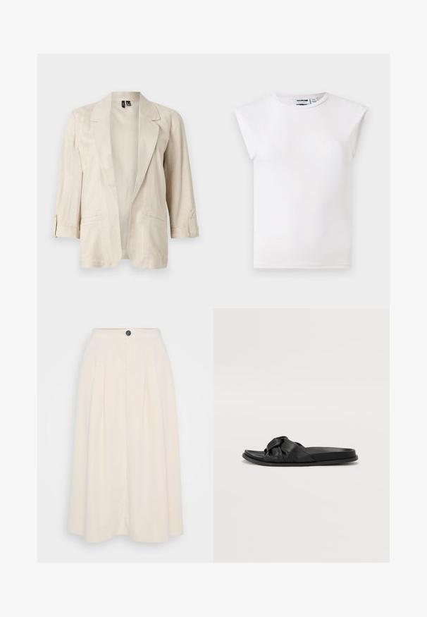 Lyse beige åben-front blazer med hakkede revers, trekvartærmer med knapstropper og to forlommer.; Hvid ærmeløs top med rund hals og polstrede skulderdetaljer, lavet af ensfarvet stof, vist på en neutral baggrund.; En cremefarvet midi-nederdel med læg, frontknaplukning og en glat tekstur, designet til en afslappet pasform.; Sorte slidesandaler med en knyttet overdel i kunstlæder, flad gummisål og slankt design, der passer til afslappet brug.