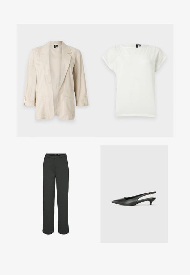 Blazer abierto de color beige claro con solapas con muesca, mangas tres cuartos con pestañas de botones y dos bolsillos delanteros.; Blusa blanca de manga corta con detalles de encaje calado en la parte superior del pecho y las mangas, cuello redondo, vista en plano sobre fondo claro.; Pantalones de pierna ancha en verde oscuro, hechos de tejido suave. Presentan una cinturilla con pasadores para cinturón, bolsillos delanteros y un corte recto.; Zapato de tacón slingback negro de punta afilada, hecho de cuero suave. Presenta un tacón delgado y un detalle de hebilla en la correa ajustable.