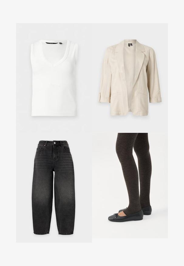 Blazer beige clair ouvert sur le devant, avec des revers en pointe, des manches trois-quarts à pattes boutonnées, et deux poches avant.; Haut sans manches blanc côtelé avec col en V et une petite encoche au niveau du col, présenté sur un fond clair uni.; Jean noir taille haute à coupe ample, fermeture à bouton, poches avant et arrière, tissu légèrement délavé. Pas de marque visible.; Jambes portant des leggings côtelés foncés associés à des ballerines noires avec de petits détails en nœud sur fond blanc.