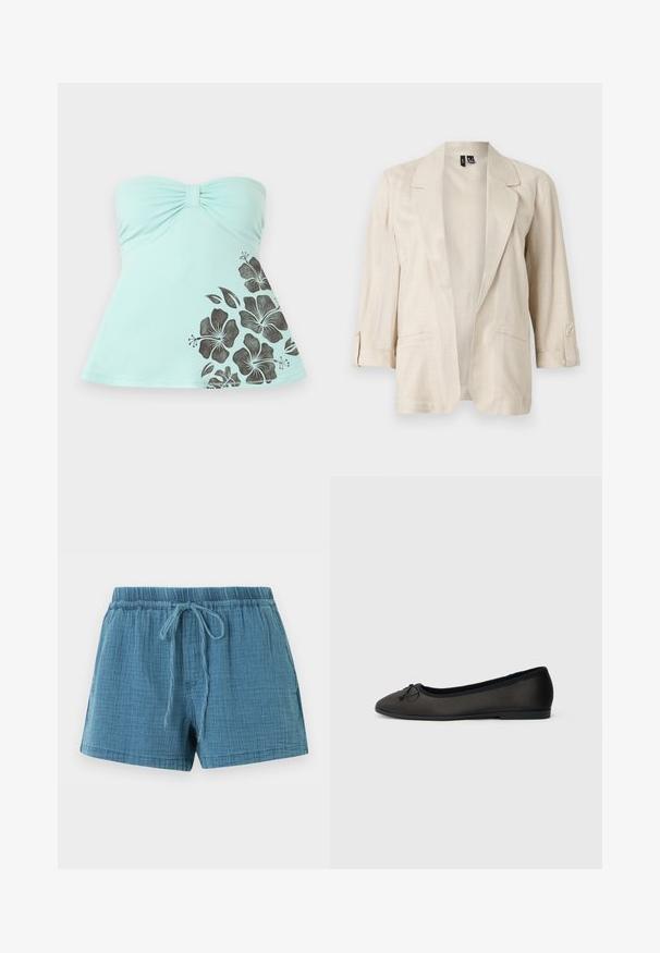 Light beige open-front blazer with notched lapels, three-quarter sleeves with button tabs, and two front pockets.; Strapless light blue top with ruched center and black hibiscus flower print on lower right side, flared hem.; Blue textured fabric shorts with elastic waistband and front drawstring tie, displayed on a white background.; Black ballet flats with a smooth matte finish, rounded toe, and a decorative bow detail at the front. Features a low, flat heel.