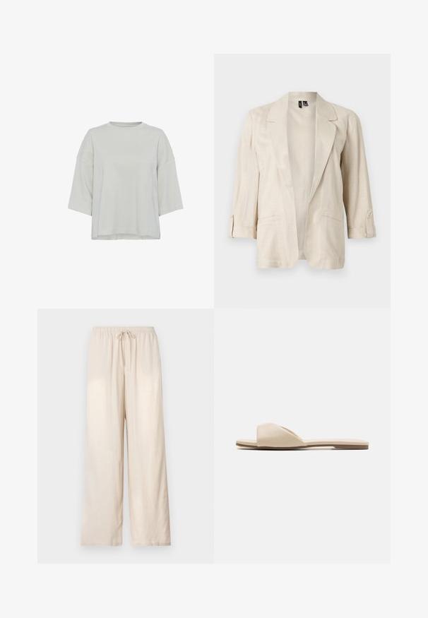 Blazer abierto de color beige claro con solapas con muesca, mangas tres cuartos con pestañas de botones y dos bolsillos delanteros.; Top de color gris claro, de manga corta y fabricado en tejido suave. Presenta un escote redondo y un sutil detalle de costura en el frontal. Corte regular.; Pantalones beige de corte holgado con cintura elástica y cordón frontal, de pierna recta, exhibidos sobre un fondo claro y sencillo.; Chanclas planas en un suave material beige, con un diseño de punta abierta, textura lisa y forma minimalista, con una suela de color marrón claro.