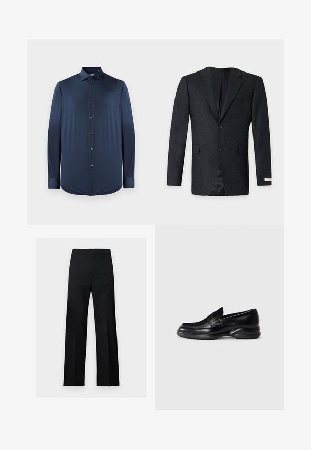 Blazer para hombre de color gris oscuro con dos botones, solapas con muesca, dos bolsillos delanteros con solapa y forro interior liso negro.; Camisa de manga larga azul marino, hecha de una tela suave, con cuello puntiagudo, cierre delantero de botones y puños con dobladillo redondeado.; Pantalones formales negros de pierna recta con cintura alta y un diseño limpio y minimalista, exhibidos sobre un fondo claro y liso.; Mocasines de piel negra con una suela de goma texturizada y baja, y un diseño de costura en la parte superior. Presenta una punta redondeada y mínimas ornamentaciones.