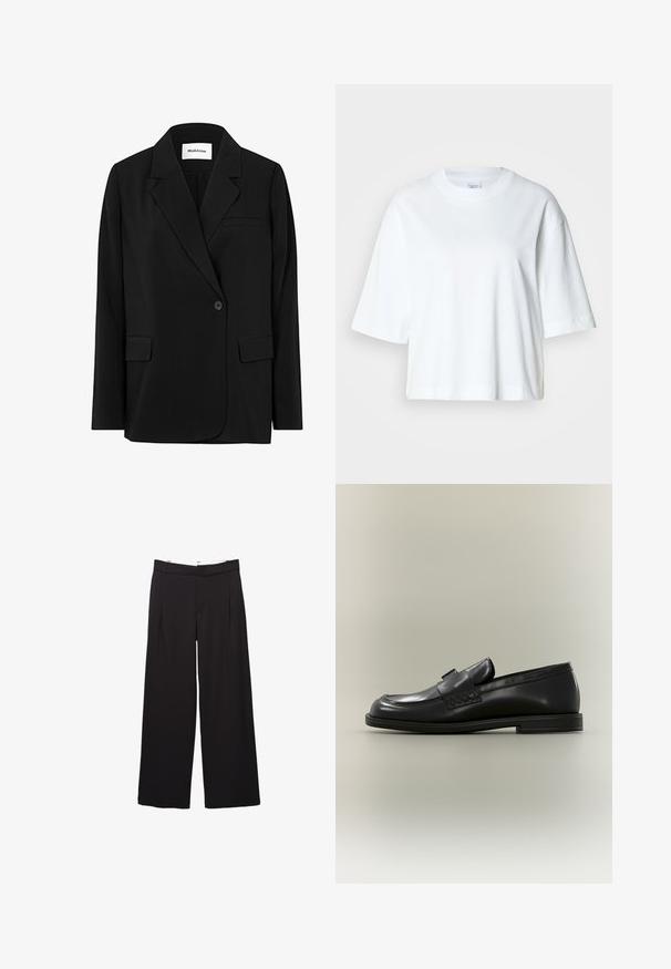 Modström PERRYMD - Blazer - schwarz; Hvid cropped t-shirt med korte ærmer, rund halsudskæring, lavet af blødt bomuldsmateriale, med et enkelt og rent design.; Sorte bukser med vide ben, fordele foran og bæltestropper, skræddersyet pasform, talje i mellemhøjde og skjult lukning foran.; Sort læder loafer med lav hæl, rundet tå og syningsdetaljer på en neutral baggrund.