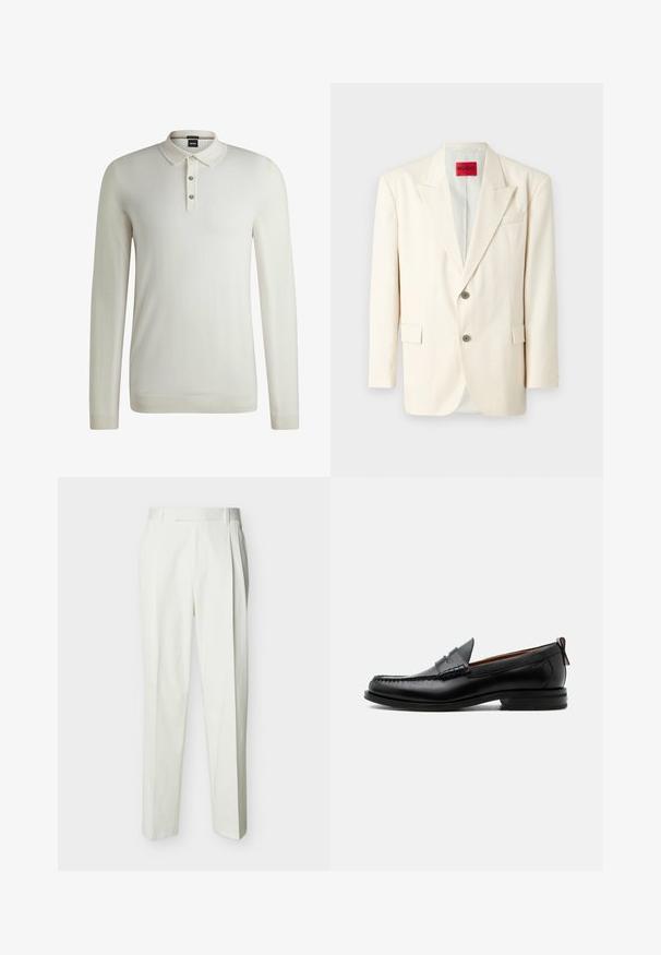 Blazer cortado en un tono beige claro con solapas de pico, dos botones frontales, un bolsillo en el pecho y bolsillos laterales, confeccionado en una tela suave. Etiqueta de la marca visible.; BOSS LANCIONE - Jersey de punto - open white eleven; Pantalones blancos de corte entallado de talle alto con trabillas para cinturón y pinzas delanteras, mostrados sobre un fondo liso.; Mocasín de hombre de piel negra con costura moc toe, tira penny, cuello texturizado y tacón bajo apilado sobre fondo blanco.