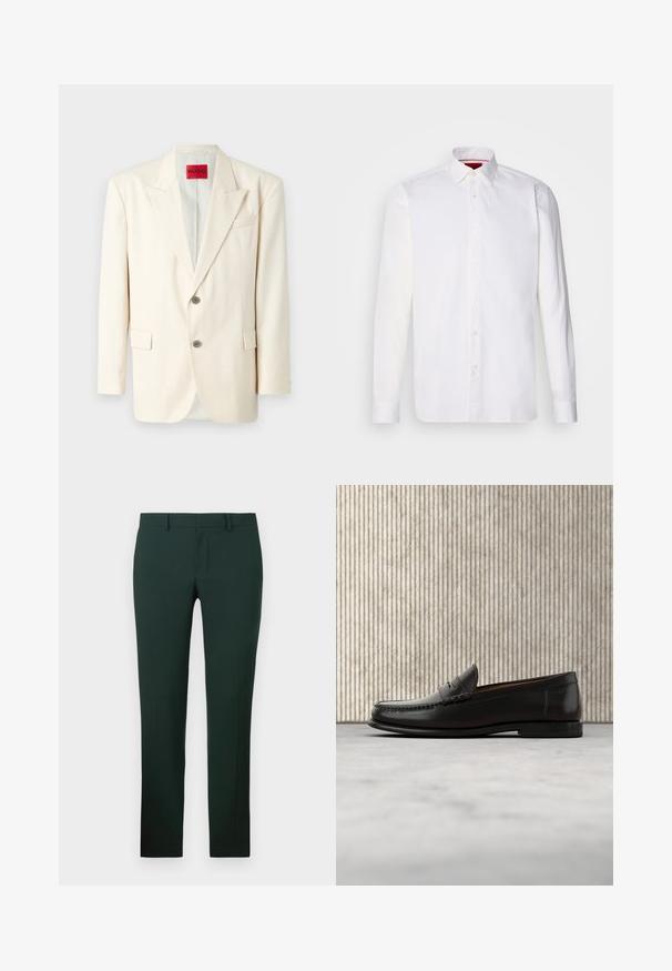 Blazer cortado en un tono beige claro con solapas de pico, dos botones frontales, un bolsillo en el pecho y bolsillos laterales, confeccionado en una tela suave. Etiqueta de la marca visible.; Camisa blanca de manga larga hecha de algodón, con un collar clásico, placket frontal con botones y una textura suave. Detalle interior del collar en rojo.; Pantalones de color verde oscuro con un diseño de pierna recta, hechos de una tela suave. Presentan un frente plano y una cinturilla estándar con trabillas para cinturón.; Mocasín penny de cuero negro con tacón bajo, punta redondeada y detalles cosidos en la parte delantera y los laterales, mostrado sobre un fondo neutro.