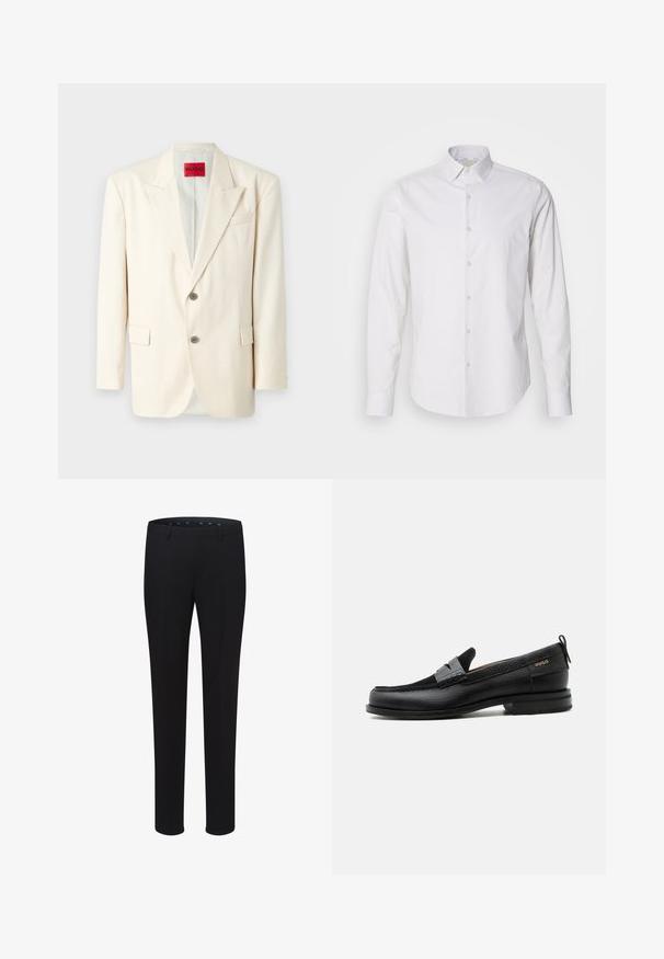 Blazer ajusté beige clair avec revers à cran, deux boutons sur le devant, une poche poitrine et des poches latérales, fabriqué en tissu lisse. Étiquette de la marque visible.; Chemise blanche à manches longues avec un col pointu, fermeture à boutons à l'avant, en tissu lisse. Présente une texture légèrement rayée.; Pantalons noirs ajustés avec une texture lisse, une coupe droite et des passants de ceinture. Présentent une coupe classique sans motifs ni accents visibles.; Mocassin en cuir noir avec détail de bride grise, talon bas et semelle texturée, marqué "HUGO" en or sur le côté.