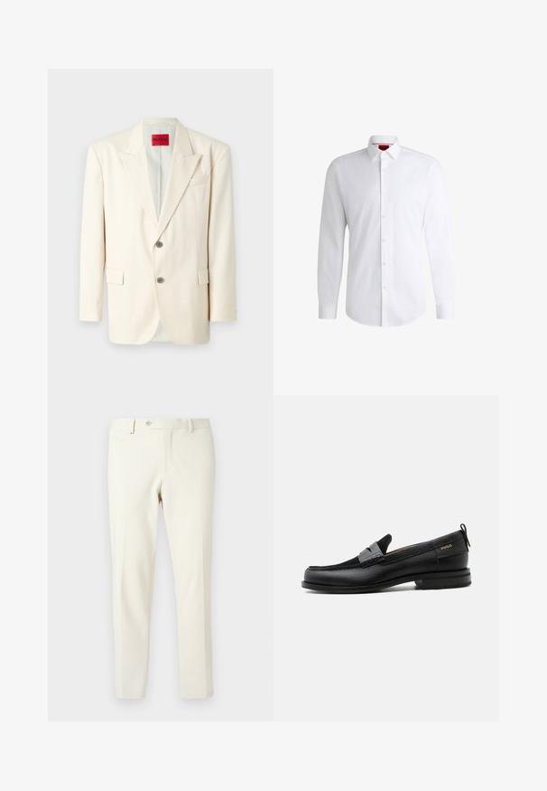 Lichtbeige op maat gemaakte blazer met ingezette revers, twee voorknopen, een borstzak en zijzakken, gemaakt van een gladde stof. Merklabel zichtbaar.; Witte overhemden van soepel materiaal met een klassieke kraag, lange mouwen en een afgeronde zoom. Voorzien van beige knopen aan de voorkant.; Lichtbeige broek gemaakt van gladde stof. Heeft een ritssluiting aan de voorkant, knoopsluiting en schuine zijzakken met een slim fit ontwerp.; Zwarte leren loafer met grijs riemdetailelement, lage hak en gestructureerde zool, aan de zijkant gebrandmerkt met "HUGO" in goud.