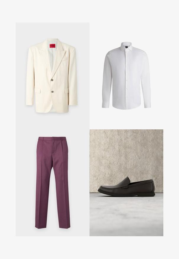 Helle beige taillierte Blazer mit Revers, zwei vorderen Knöpfen, einer Brusttasche und Seitentaschen, aus glattem Stoff. Markenlabel sichtbar.; Weißes Langarmhemd aus glattem Baumwollstoff, mit klassischem Kragen, durchgehender Knopfleiste und geknöpften Manschetten. Minimalistisches Design.; Lila, gestreifte Hose mit geraden Beinen, taillierter Passform und Fronttaschen. Hergestellt aus leichtem Material, mit Gürtelschlaufen und Bügelfalte.; Dunkelbraune Lederloafer mit einer runden Zehenpartie, dezenten Nähdetails und einer niedrigen Gummisohle. Glatte Textur mit flexibler Passform.