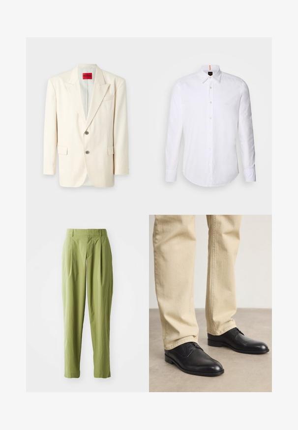 Helle beige taillierte Blazer mit Revers, zwei vorderen Knöpfen, einer Brusttasche und Seitentaschen, aus glattem Stoff. Markenlabel sichtbar.; Weiße langärmlige Button-Down-Hemd aus Baumwolle, mit klassischem Kragen, subtiler Logo-Detailierung auf der Brust und weißen Knöpfen.; Hellgrüne Hose aus einem strukturierten Stoff, mit geradem Schnitt, Falten an der Vorderseite und einem normalen Bund.; Schwarze Leder Schnürschuhe mit runder Zehenform, glatter Oberfläche und dezenten Nähdetails, getragen mit hellbeigen Hosen.