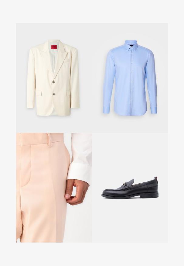 Lys beige skræddersyet blazer med spidsrever, to forreste knapper, en brystlomme og sidelommer, lavet af glat stof. Mærkets label er synlig.; Lyseblå langærmet skjorte med knaplukning lavet af tekstureret stof, med spidse krave og klassisk knaplukning foran.; Lys pink skræddersyede bukser med en glat tekstur, der har en sidelomme og bæltestrop, parret med en hvid skjortemanchet.; Sort lædermokasin med grå tekstureret forfod, sølvfarvet metalspænde, lav hæl og trækflap bagpå.