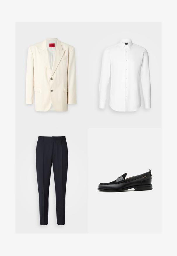 Lys beige skræddersyet blazer med spidsrever, to forreste knapper, en brystlomme og sidelommer, lavet af glat stof. Mærkets label er synlig.; Hvid skjorte med lange ærmer, knaplukning foran, klassisk krave, lavet af glat stof med en subtil tekstur, designet til et tætsiddende udseende.; BOSS PERIN - Bukser - navy; Sort læderloafer med grå remdetalje, lav hæl og tekstureret sål, mærket med "HUGO" i guld på siden.