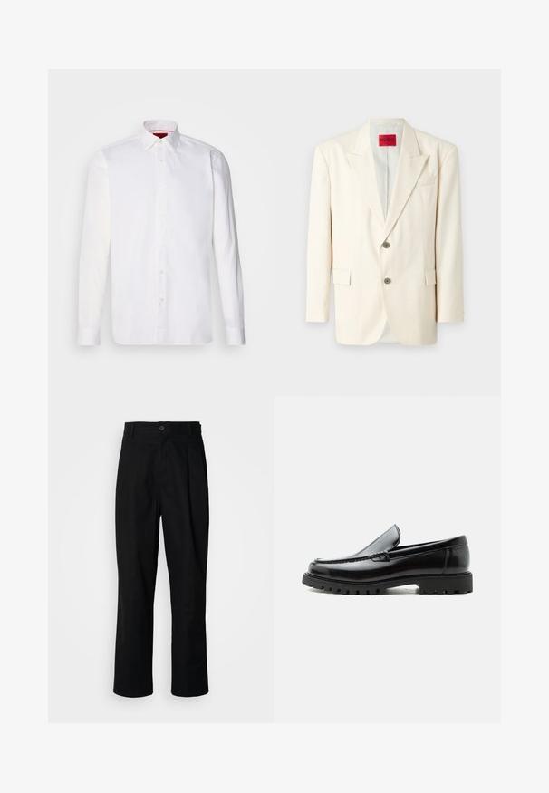 Blazer ajusté beige clair avec revers à cran, deux boutons sur le devant, une poche poitrine et des poches latérales, fabriqué en tissu lisse. Étiquette de la marque visible.; Chemise blanche à manches longues en coton, avec un col classique, une patte de boutonnage à l'avant et une texture lisse. Détail rouge à l'intérieur du col.; Pantalons noirs à jambes droites avec une taille à bouton, passants de ceinture et pli avant, présentés sur un fond blanc uni.; Mocassin en cuir noir avec semelle en caoutchouc épaisse, dessus cousu et nom de marque embossé sur le talon, présenté de profil sur fond blanc.