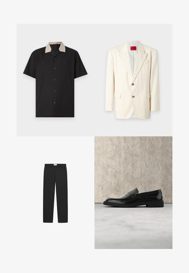 Blazer cortado en un tono beige claro con solapas de pico, dos botones frontales, un bolsillo en el pecho y bolsillos laterales, confeccionado en una tela suave. Etiqueta de la marca visible.; Camisa de manga corta en negro con rayas verticales, que presenta un collar beige y botones frontales. Está hecha de tejido ligero con una textura suave.; Pantalones negros con un diseño de pierna recta, hechos de una tela de textura suave, que cuentan con dos bolsillos frontales y una cinturilla estándar.; Zapato loafer de cuero negro pulido flotando sobre una alfombra beige con muebles translúcidos naranjas de fondo.
