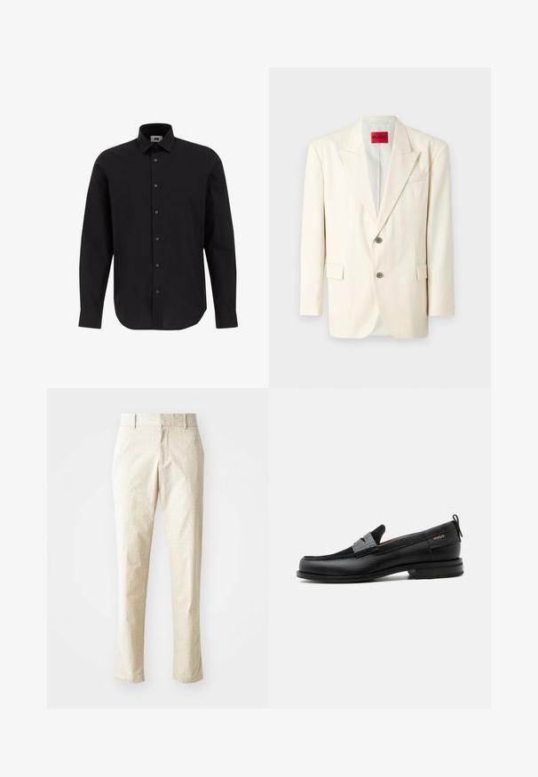 Helle beige taillierte Blazer mit Revers, zwei vorderen Knöpfen, einer Brusttasche und Seitentaschen, aus glattem Stoff. Markenlabel sichtbar.; Schwarze Langarm-Hemdbluse aus gewebtem Stoff, ausgestattet mit einem klassischen Kragen, geradem Saum und schwarzen Knöpfen an der Vorderseite.; Hellbeige maßgeschneiderte Hose mit strukturiertem Muster, geradem Beinanschnitt und mittelhoher Taille, mit Gürtelschlaufen und ohne sichtbare Taschen.; Schwarzer Lederloafer mit grauem Riemendetail, niedrigem Absatz und strukturierter Sohle, seitlich mit „HUGO“ in Gold gebrandmarkt.