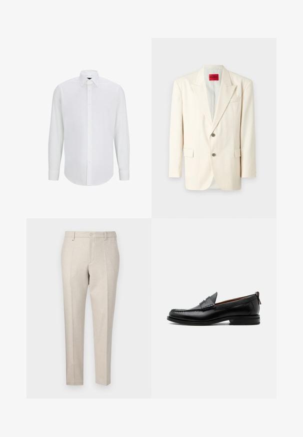 Lys beige skræddersyet blazer med spidsrever, to forreste knapper, en brystlomme og sidelommer, lavet af glat stof. Mærkets label er synlig.; Hvid langærmet skjorte lavet af glat stof med standard krave, frontlukning med knapper og afrundet kant. Ingen synlige mønstre eller accenter.; Beige skræddersyede bukser lavet af struktureret stof, med et klassisk snit, pressefolder og forlommer.; Sort læder herre loafer med moc-tå syning, penny strop, struktureret krave og lav stablet hæl på hvid baggrund.