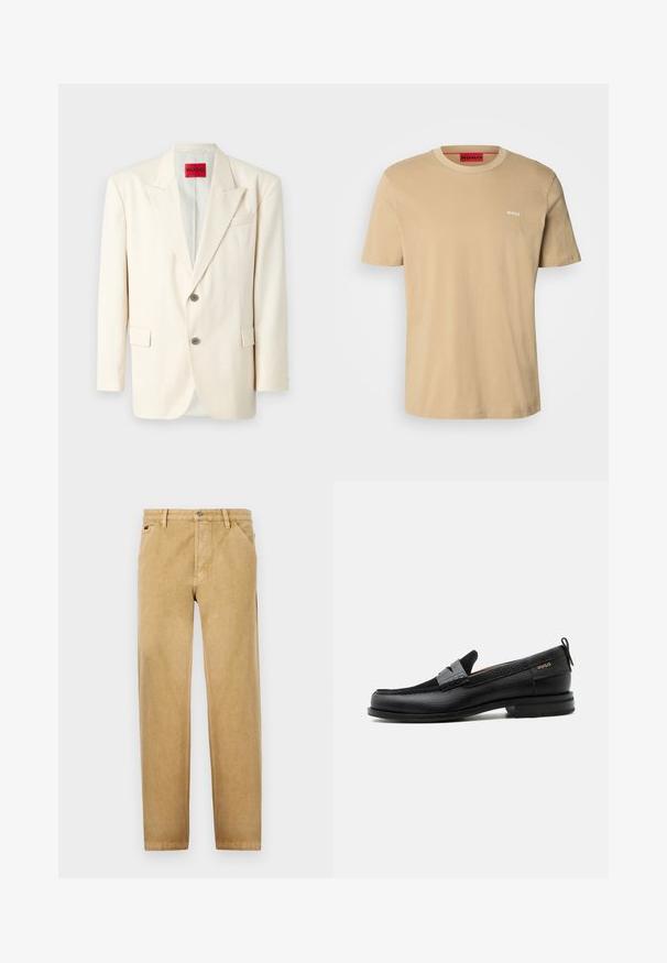 Lichtbeige op maat gemaakte blazer met ingezette revers, twee voorknopen, een borstzak en zijzakken, gemaakt van een gladde stof. Merklabel zichtbaar.; Beige katoenen t-shirt met een ronde hals, korte mouwen en een klein wit "HUGO" logo op de borst. Een gladde textuur zonder patronen.; Tan chino's met een recht vallend ontwerp, gemaakt van een zachte stof. Voorzien van voorkruiszakken, een knoopsluiting en subtiele stikdetails.; Zwarte leren loafer met grijs riemdetailelement, lage hak en gestructureerde zool, aan de zijkant gebrandmerkt met "HUGO" in goud.
