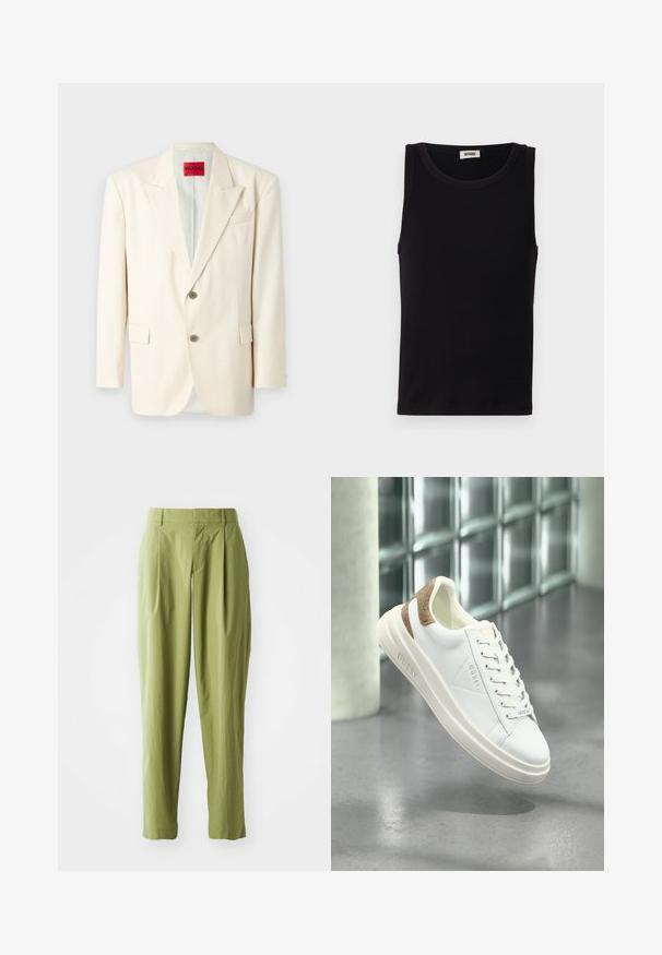 Blazer ajusté beige clair avec revers à cran, deux boutons sur le devant, une poche poitrine et des poches latérales, fabriqué en tissu lisse. Étiquette de la marque visible.; Débardeur noir sans manches en coton doux. Il présente une encolure ronde et une coupe droite, avec des détails de couture minimaux.; Pantalons vert clair en tissu texturé, présentant une coupe droite, des plis à l'avant et une taille standard.; Baskets en cuir blanc avec un accent en beige à motifs sur le talon, texture lisse, design à lacets et marquage en relief sur le côté.