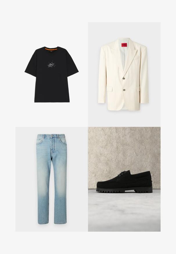 Lys beige skræddersyet blazer med spidsrever, to forreste knapper, en brystlomme og sidelommer, lavet af glat stof. Mærkets label er synlig.; Sort T-shirt med korte ærmer og rund halsudskæring, med en hvid, sprække-lignende grafik i midten med ordet "BOSS".; Lyseblå jeans lavet af denim, med et lige ben-design, fem lomme-struktur og falmet vaskeffekt ved lårene.; Sort snørestøvle med tyk rilled sål, der svæver over beige tæppe, brun moderne rundt bord i blødt oplyst rum i baggrunden.