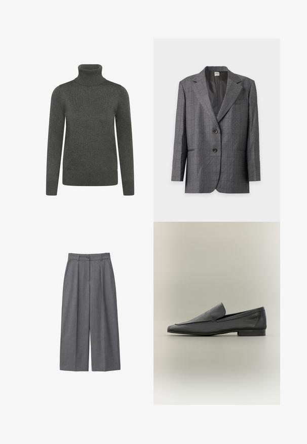 Blazer gris à deux boutons avec petit motif à pois blancs, revers crantés et poches avant, présenté sur un fond gris clair.; Pull à col roulé gris foncé en tissu tricoté, avec des manches longues, un col et des poignets côtelés, et une texture lisse.; Pantalons larges gris en tissu lisse, dotés d'une taille haute, de plis, d'une fermeture à bouton et de poches latérales. Design minimaliste.; Mocassins en cuir noir avec une finition lisse, un bout pointu et un design minimaliste. Talon bas empilé et accents de couture subtils.