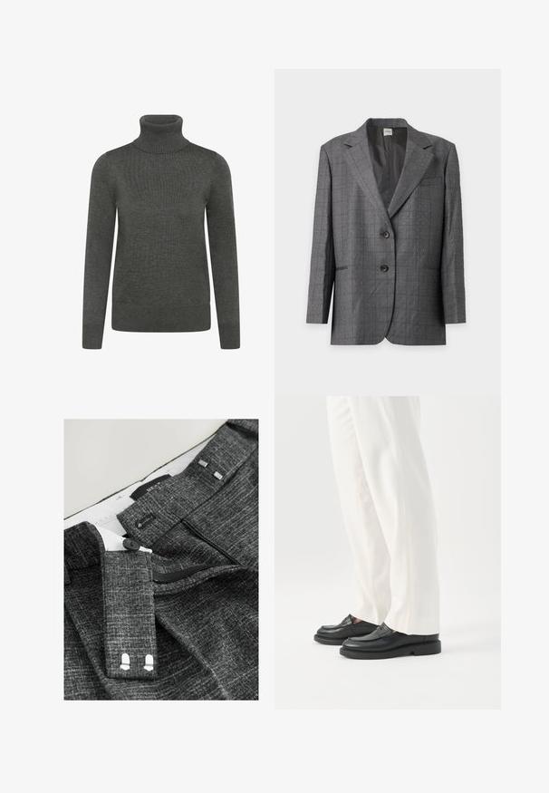 Blazer gris de dos botones con pequeño patrón de puntos blancos, solapas con muesca y bolsillos delanteros, mostrado sobre un fondo gris claro.; Suéter de cuello vuelto en gris oscuro, fabricado en tejido de punto, con mangas largas, cuello y puños acanalados y una textura suave.; Pantalones grises texturizados con cierre de botón, cremallera y ganchos adicionales, con detalles plateados en la cintura y el forro interior.; Persona con pantalones blancos a medida y mocasines de cuero negros de pie sobre un fondo blanco.