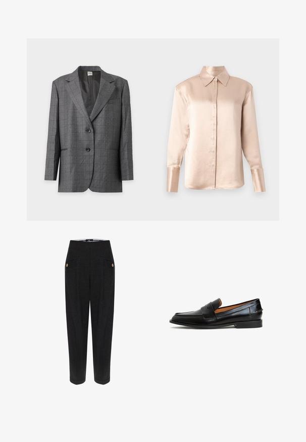 Blazer gris de dos botones con pequeño patrón de puntos blancos, solapas con muesca y bolsillos delanteros, mostrado sobre un fondo gris claro.; Blusa de satén en suave beige con un collar clásico, mangas largas, cierre frontal con botones y un ajuste ligeramente holgado. Textura suave, con detalles mínimos.; Pantalones negros a medida con un tejido texturizado, que presentan bolsillos frontales, acentos de botones en tono dorado y una silueta ajustada.; Mocasines de cuero negro con un diseño elegante, que presentan una correa ancha en el empeine, puntera redondeada y suela plana. Textura suave con costuras mínimas.