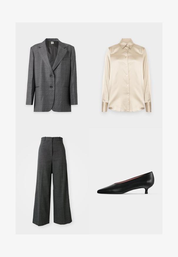 Blazer gris de dos botones con pequeño patrón de puntos blancos, solapas con muesca y bolsillos delanteros, mostrado sobre un fondo gris claro.; Camisa de satén beige con cuello puntiagudo, mangas de largo completo, cierre de botones y puños con un acabado ligeramente más brillante. Sin patrones ni acentos.; Pantalones de cuadros grises de pierna ancha con cintura alta, que presentan pliegues frontales, textura vertical y sin hardware ni acentos visibles.; Zapato de salón negro de cuero con punta afilada y tacón bajo de estilo "kitten", mostrado de perfil sobre un fondo claro y liso.